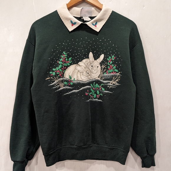VINTAGE Morning Sun bunnies & Holly holiday Christmas sweatshirt crewneck - Picture 5 of 11